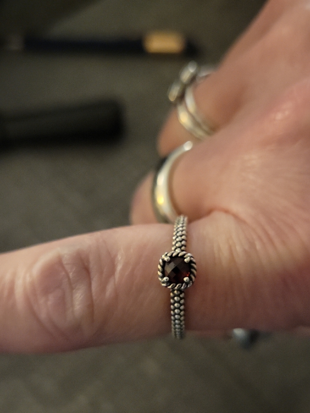 Source Unknown Sterling Silver Ring with Dark Red Garnet